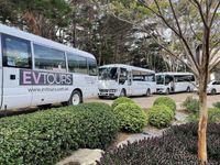 Buses lined up waiting to pickup guests
